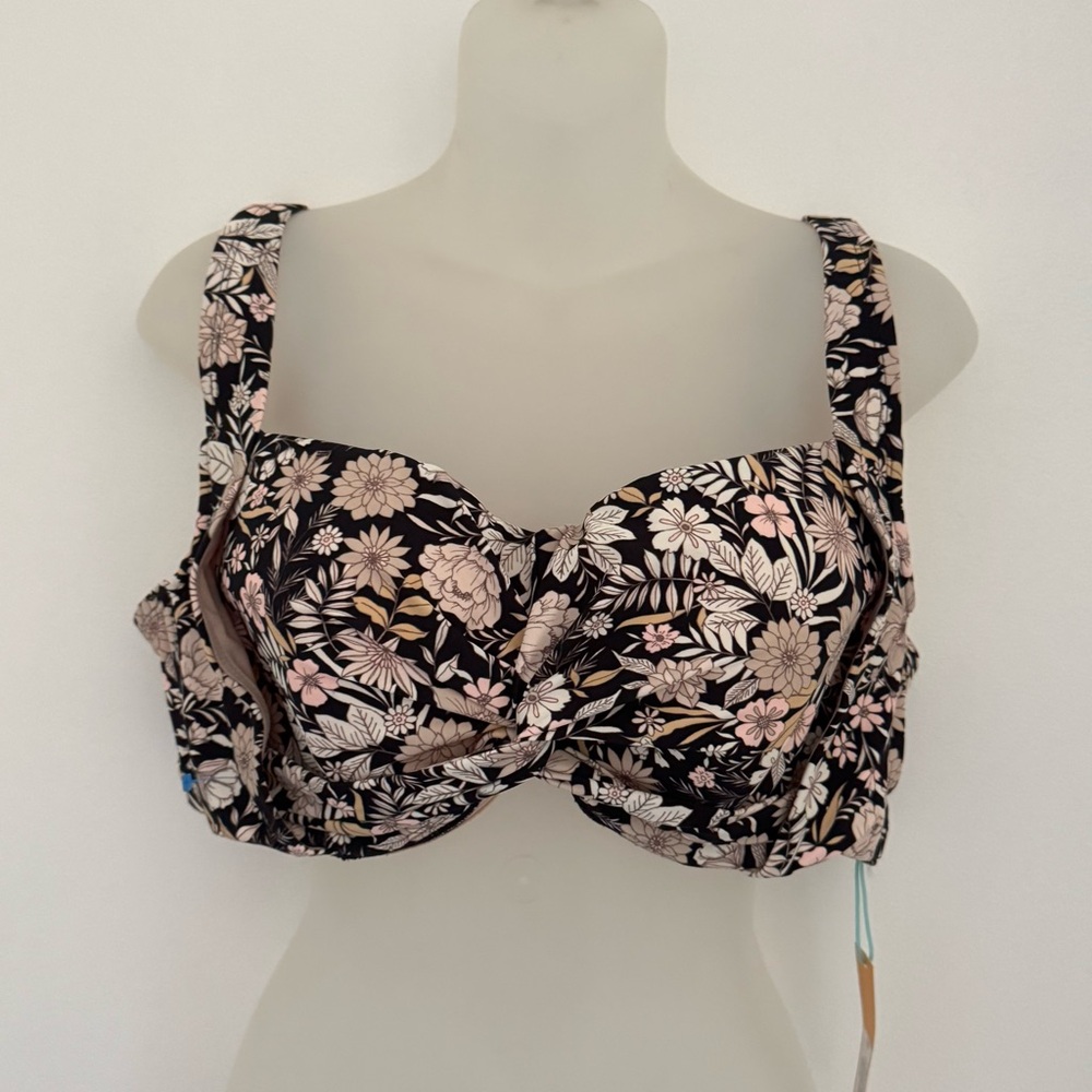 Kona Sol Black Floral Bikini Top size 18w padded NEW